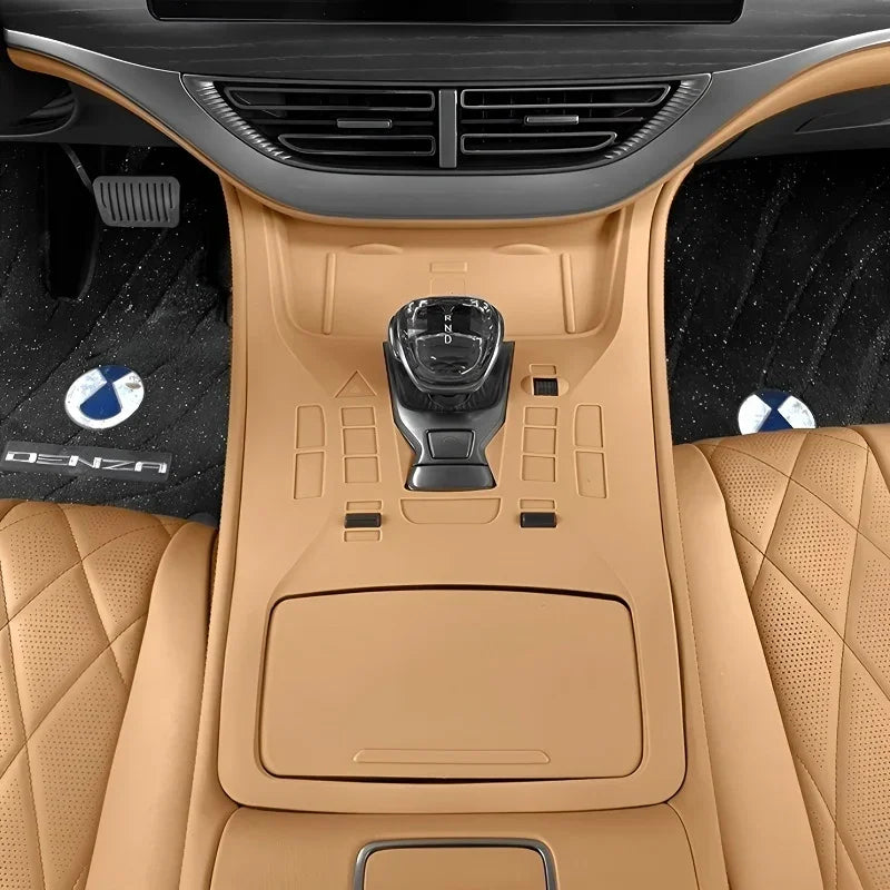 Tan leather center console wrap for BYD interior with matching quilted seats