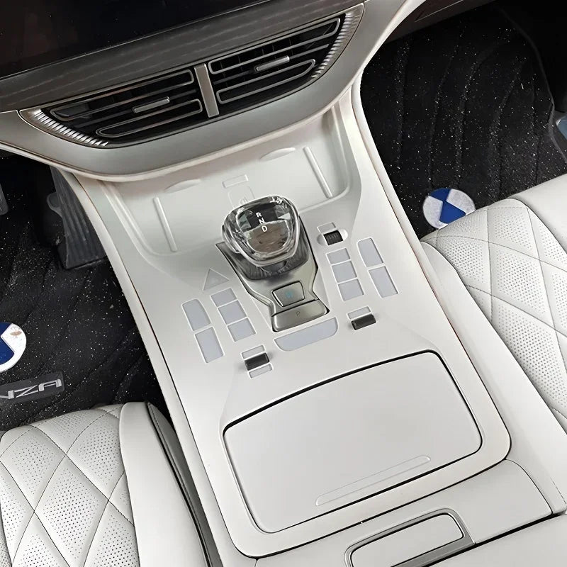 White luxury leather center console wrap with diamond stitching for BYD car interior.