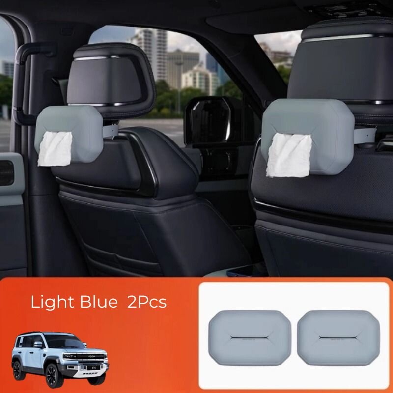 Pair of light blue premium PU leather car seat back tissue box holders for BYD accessories.