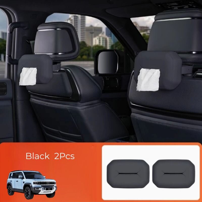 Set of 2 black leatherette seat back organizers with white tissue compartments for car interiors.