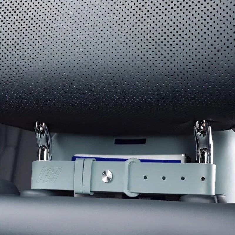 Light grey premium leather seat organizer strap with silver metal buckle for car storage.