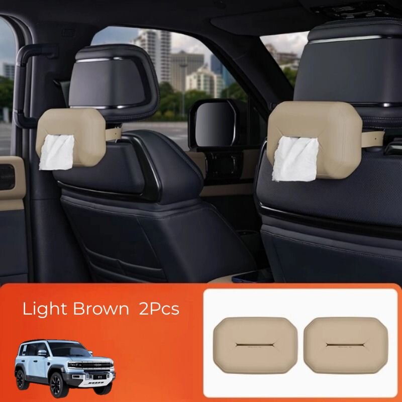 Pair of light brown premium leather car seat headrest tissue box holders for BYD vehicles.