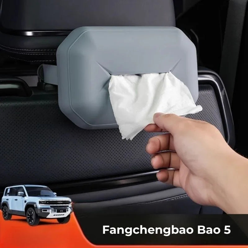 Gray durable plastic tissue box holder mounted on a black leather car seat back for Fangchengbao Bao 5.