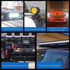 Collage showing control options for white LED spotlights, yellow bonnet lights, and electric winch.