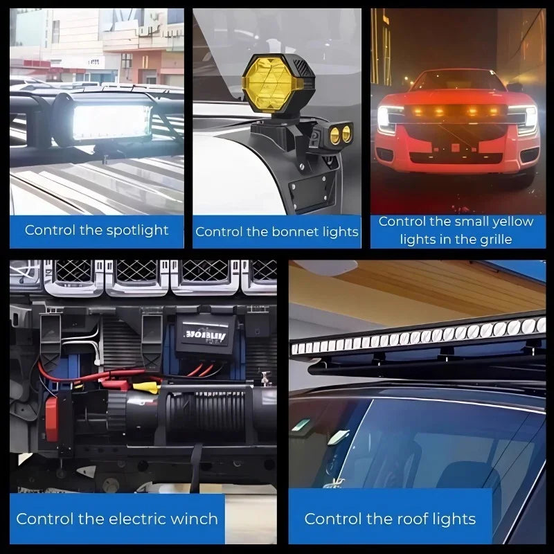 Collage showing control options for white LED spotlights, yellow bonnet lights, and electric winch.