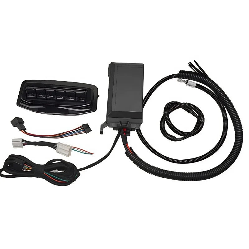Professional black automotive switch panel kit with control module and durable wiring loom