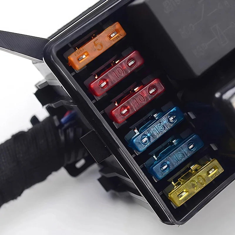 Close-up of colorful plastic automotive fuses in an electronic fuse box.