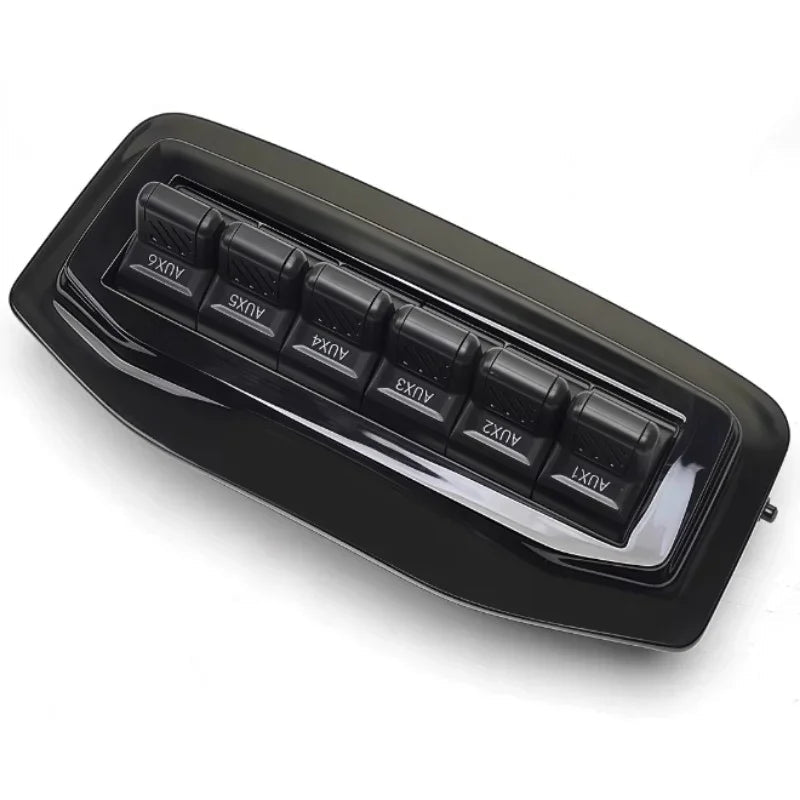 Glossy black plastic 6-gang switch panel with labeled AUX1 to AUX6 buttons