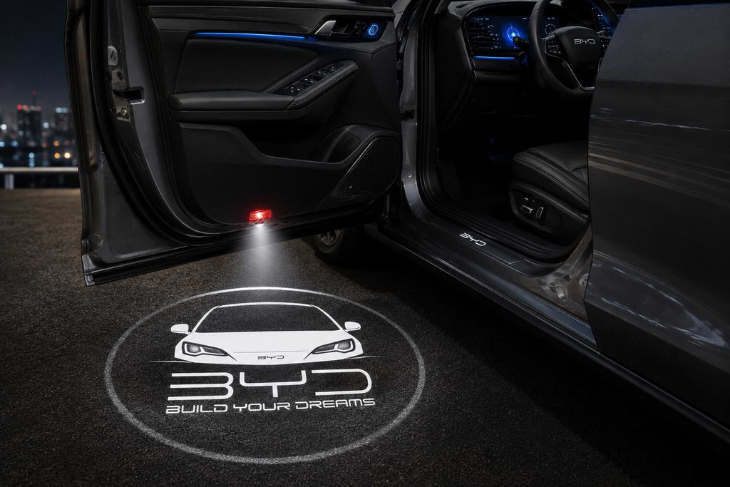 byd Sleek night car with logo projection