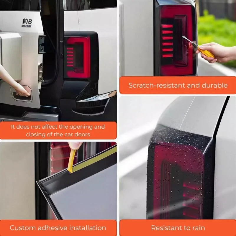 Durable scratch-resistant red protective film for car taillights with custom adhesive installation.