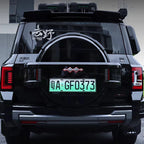 Rear view of a black BYD off-road SUV featuring a custom spare tire cover and roof cargo boxes.