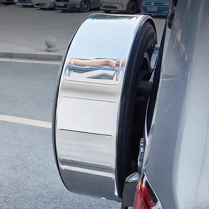 Polished chrome silver spare tire cover for BYD, featuring a high-gloss metallic finish.