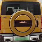 Rear view of a yellow BYD Fangchengbao 5 SUV featuring a custom hard spare tire cover with a black and red emblem.