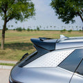 Rear view of a silver BYD car featuring a sleek black spoiler and textured silver trim.