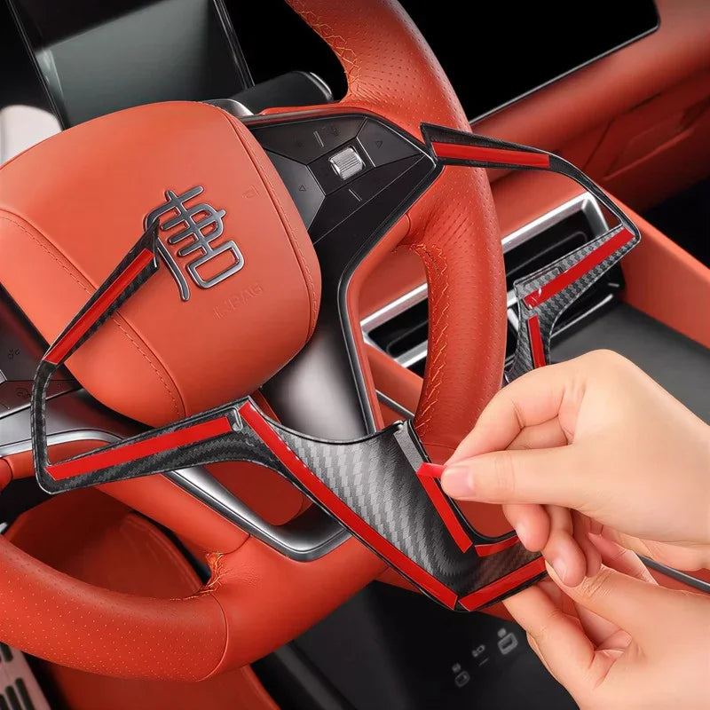 Red carbon fiber steering wheel trim covers for BYD Han interior