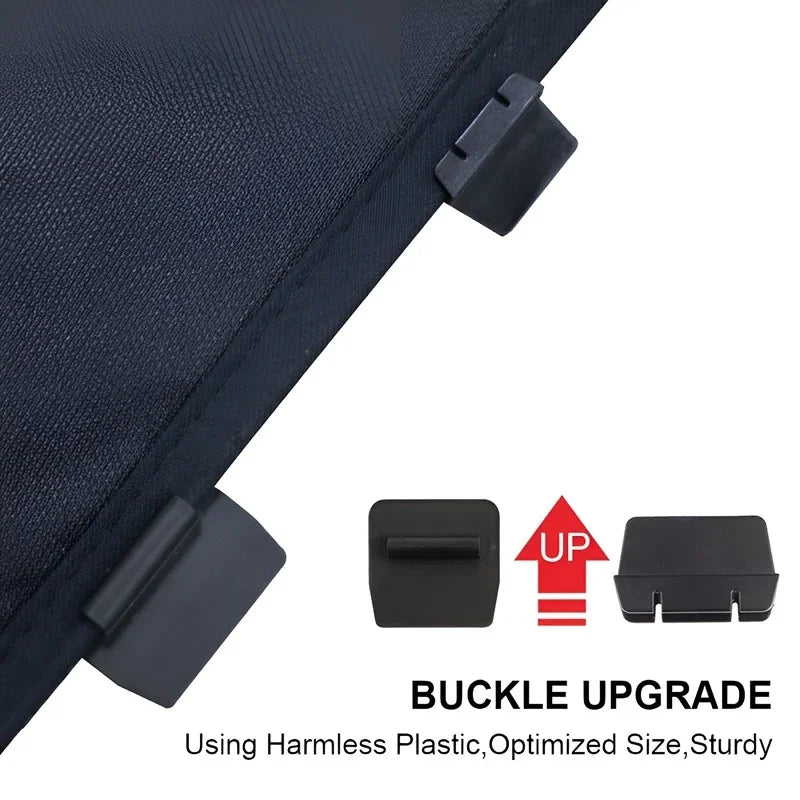 Upgraded sturdy black plastic buckle fastener for durable car accessory installation.