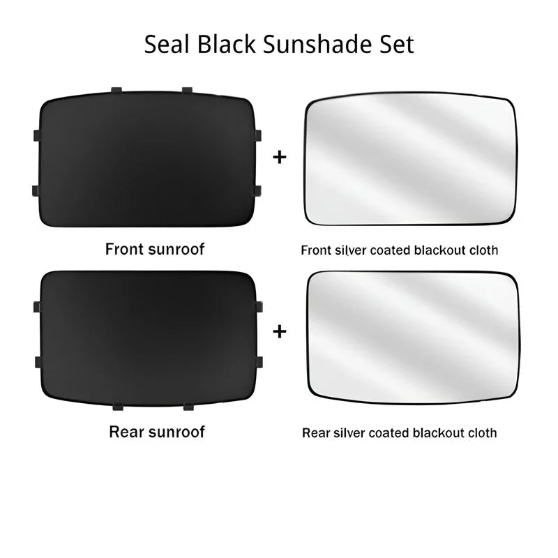 Seal Black Sunshade Set featuring front and rear black sunroof shades with silver coated blackout cloth.