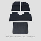 Black XPE floor mats and TPE trunk mat set for durable car interior protection.