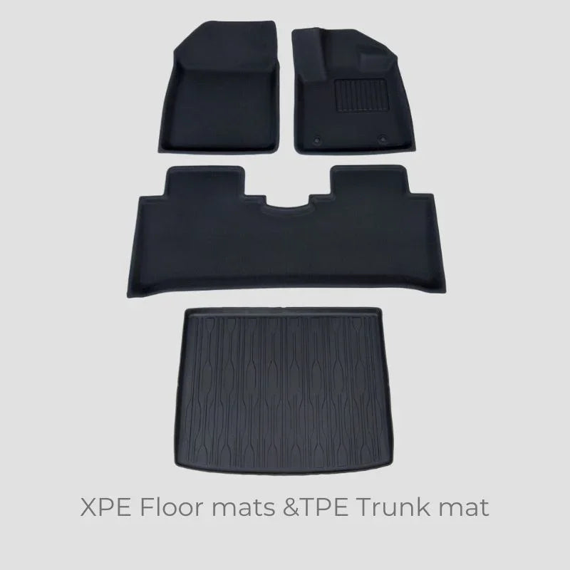 Black XPE floor mats and TPE trunk mat set for durable car interior protection.