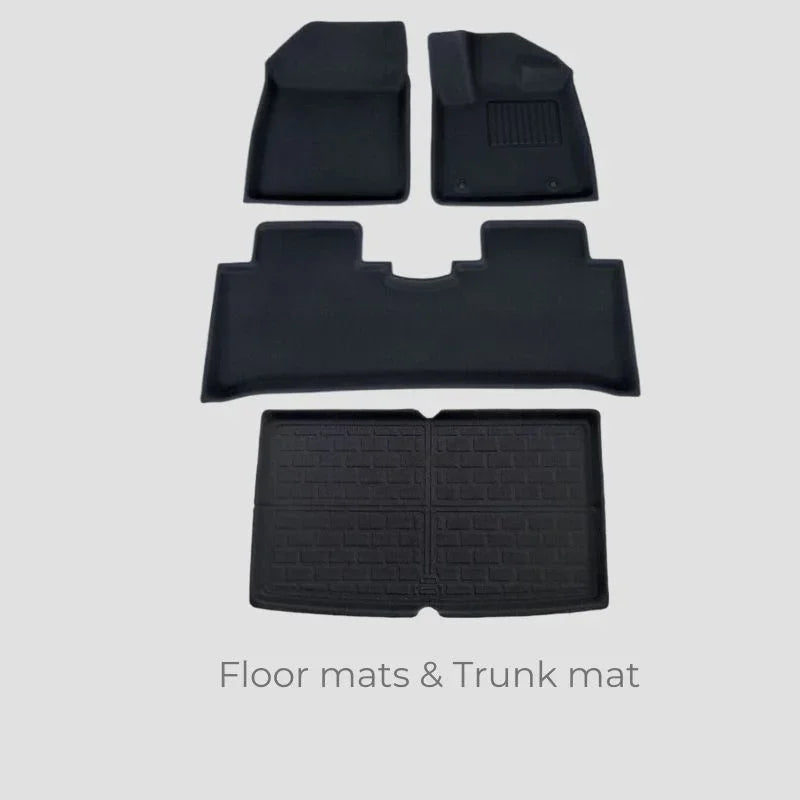 Black heavy-duty car floor mats and textured rubber trunk mat set for complete interior protection.