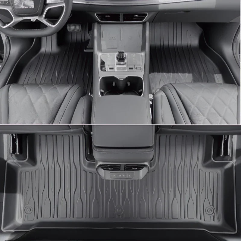 Custom-fit grey TPE waterproof car floor mats with deep grooves for interior protection.