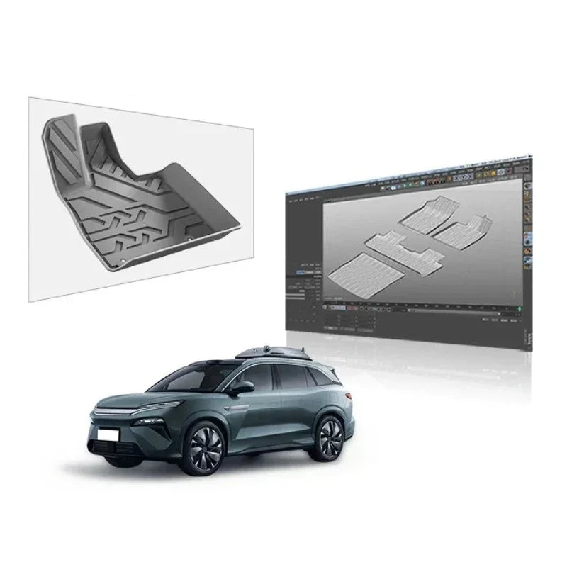 Custom-fit grey TPE car floor mats designed via 3D CAD modeling for precise vehicle protection.