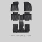 Set of 7 black heavy-duty rubber floor mats for RHD vehicles, featuring a durable textured design.