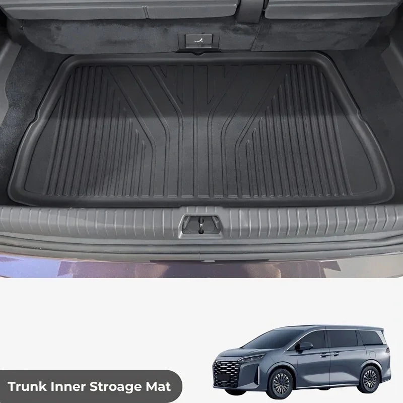 Black heavy-duty rubber trunk liner mat with anti-slip ribbed texture for car interior protection.