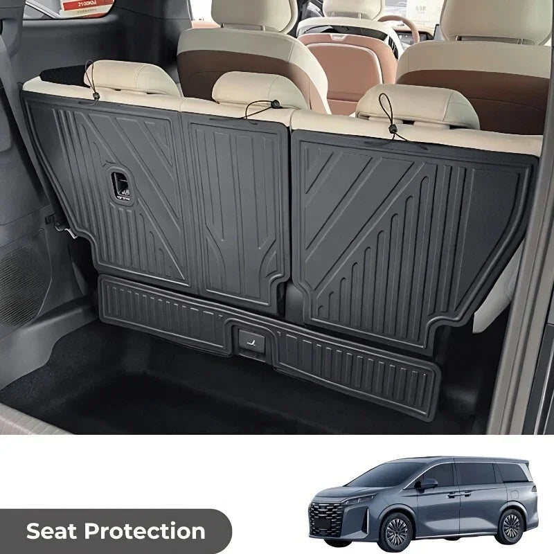 Black heavy-duty waterproof seat back protector made of durable material for car interior protection.