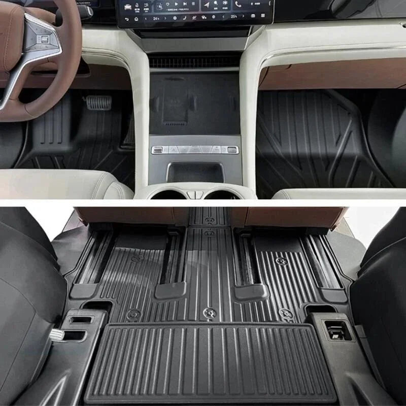 Custom-fit black TPE all-weather car floor mats and trunk liner for BYD interior.