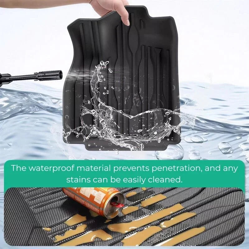 Black waterproof TPE car floor mat with anti-slip grooves protecting against liquid spills.