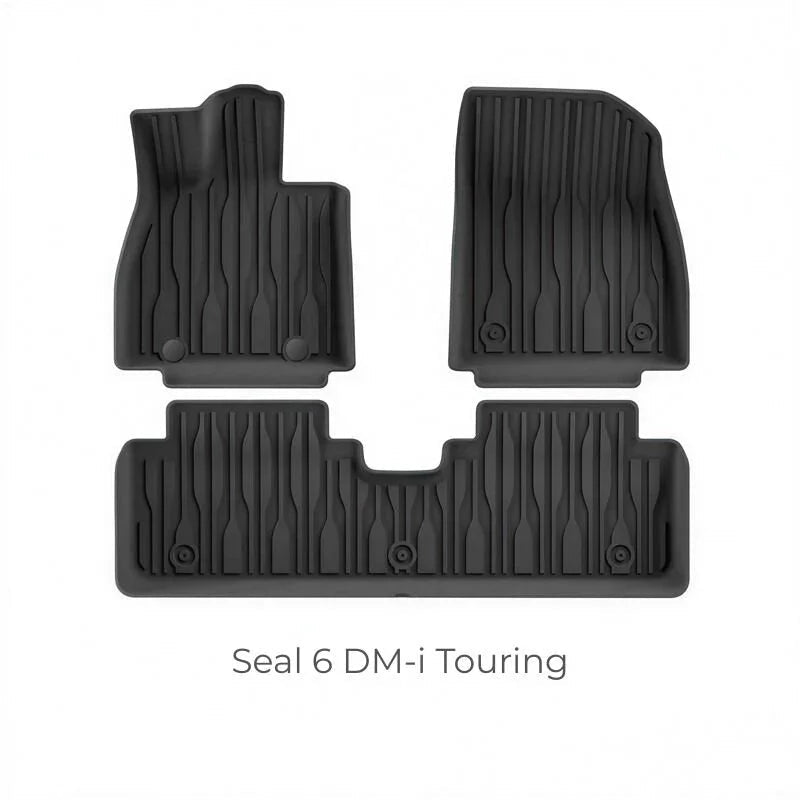 Black heavy-duty TPE waterproof floor mats for Seal 6 DM-i Touring car interior.