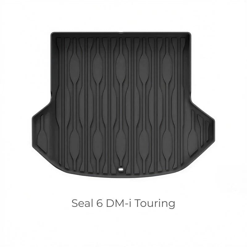 Black heavy-duty TPE rubber trunk mat for Seal 6 DM-i Touring with anti-slip grooves.