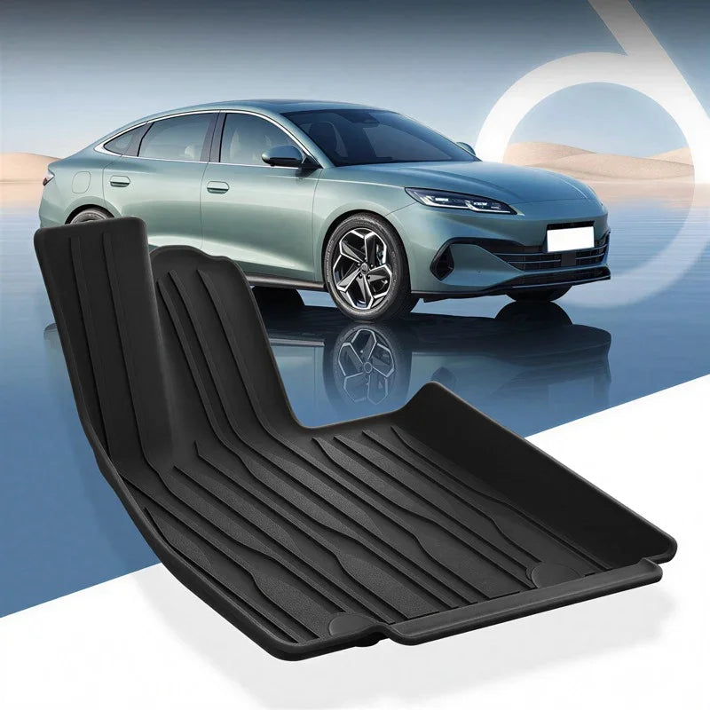 Black heavy-duty TPE waterproof car floor mat with raised edges for BYD vehicle protection.