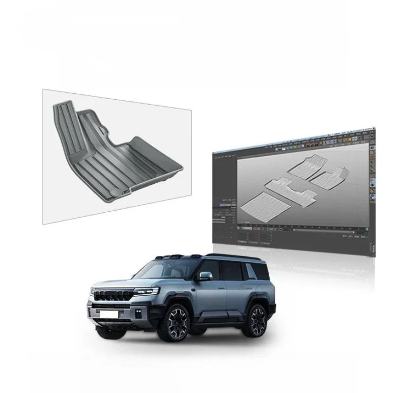 Custom-fit grey TPE car trunk mat design and 3D modeling for precision BYD vehicle protection.