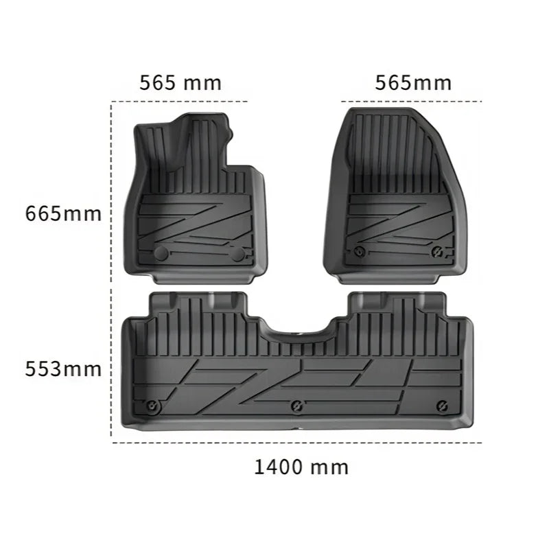 Set of three black rubber car floor mats with textured patterns and dimension measurements.
