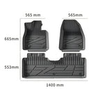 Set of three black rubber car floor mats with textured patterns and dimension measurements.