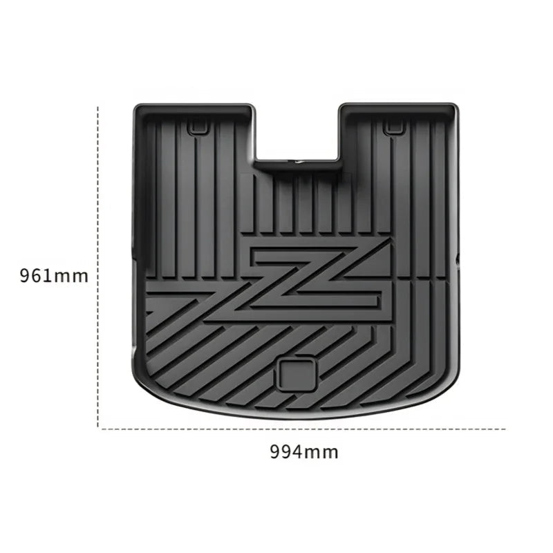Black heavy-duty rubber car floor mat with anti-slip grooves and precise 994mm x 961mm dimensions.