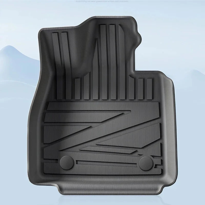 Black textured TPE car floor mat with non-slip pattern and high-edge protection.