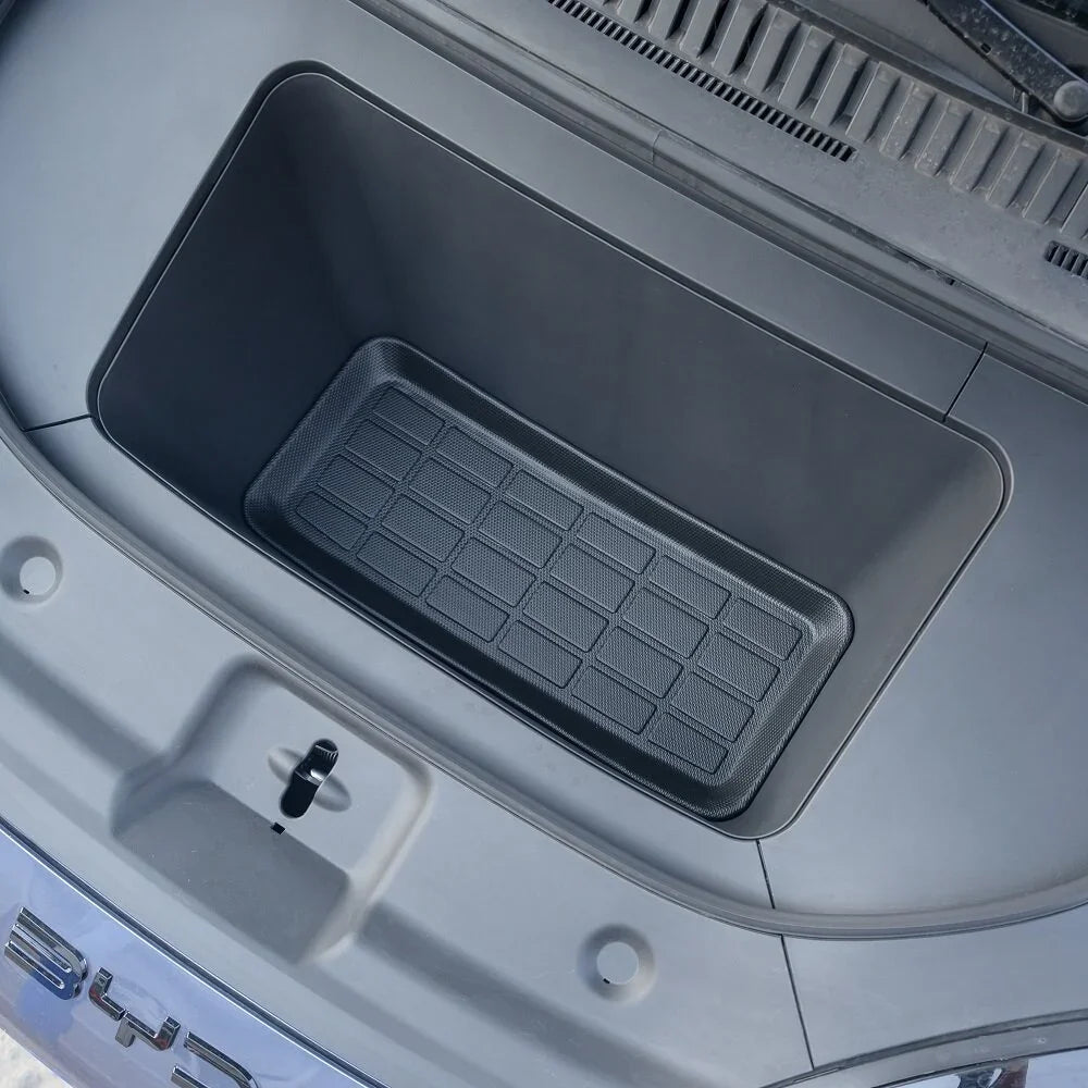 Black heavy-duty rubberized trunk organizer tray for BYD vehicle protection