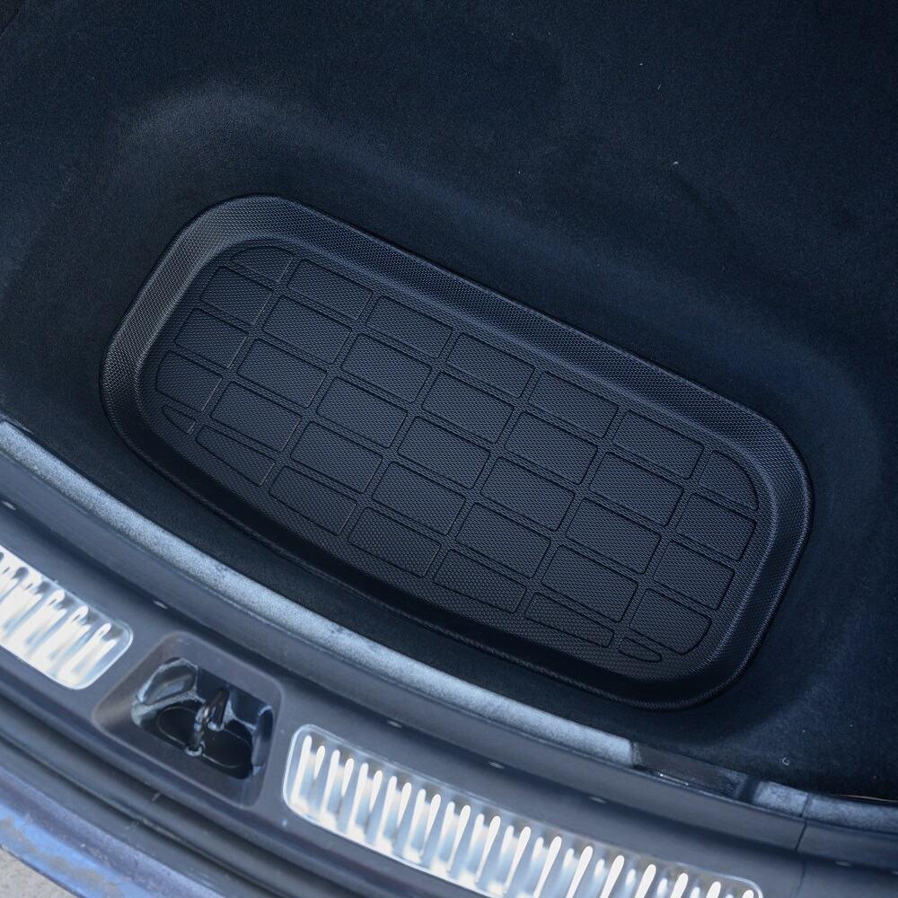 Black textured rubber trunk mat with a grid pattern for BYD car interior protection