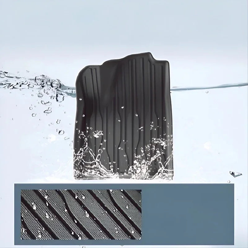 Waterproof black textured TPE car floor mat showing water resistance and durable ribbing.