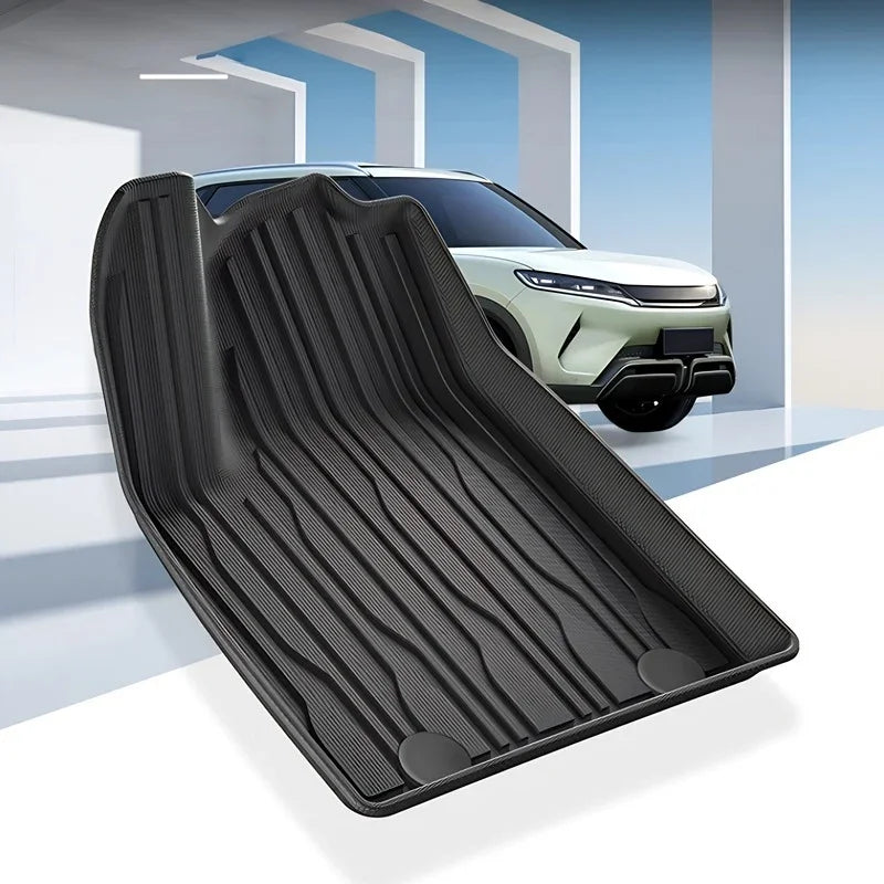 Custom-fit black textured rubber cargo liner for BYD SUV, featuring a durable waterproof design.