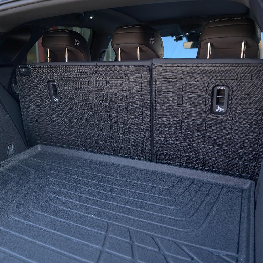 Black textured TPE trunk mat and matching waterproof rear seat back protectors for BYD.