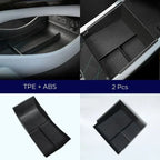 Black TPE and ABS material 2-piece car center console and trunk organizer tray set.