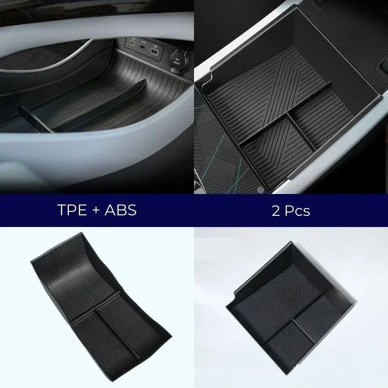 Black TPE and ABS material 2-piece car center console and trunk organizer tray set.