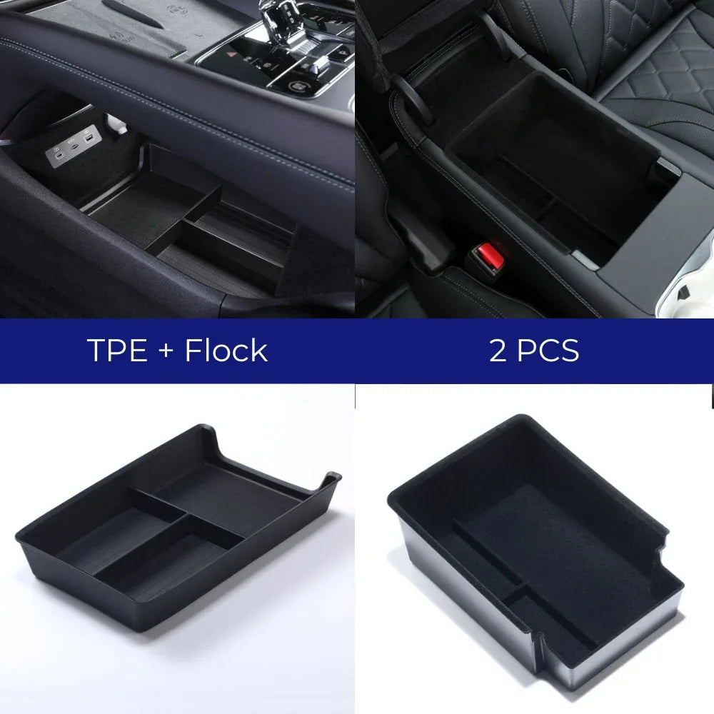 Two-piece black TPE and flock car center console organizer trays for BYD interior.