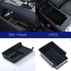 Two-piece black TPE and flock car center console organizer trays for BYD interior.