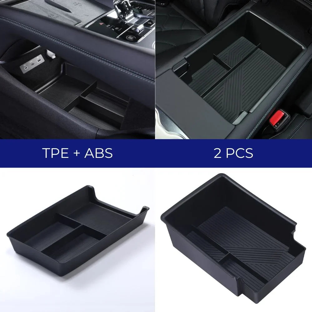 Set of 2 black TPE and ABS center console organizer trays for BYD vehicle interior.