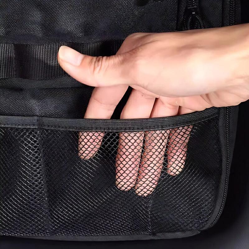 Black mesh storage pocket made of durable fabric for car organizer accessories.